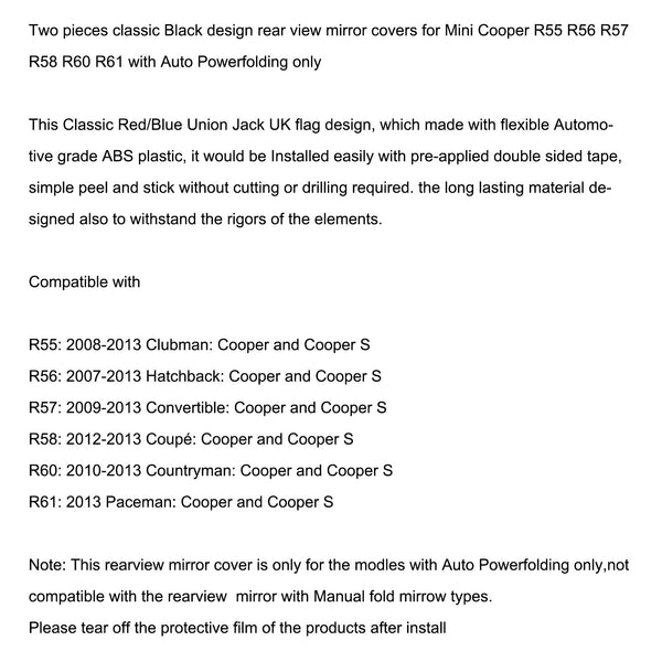 MINI Cooper R55 R56 R57 High Quality 2 x Black Mirror Covers Generic