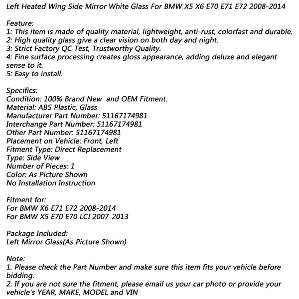 2008-2014 BMW X5 X6 E70 E71 E72 Left Heated Wing Side Mirror White Glass Generic