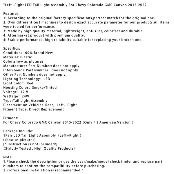 Left+Right LED Tail Light Assembly For Chevy Colorado GMC Canyon 2015-2022