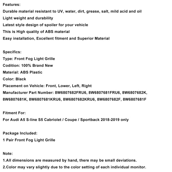 Frontstøtfanger Tåkelys Grilldeksel Grill Passer Audi A5 S-Line S5 2018-2019