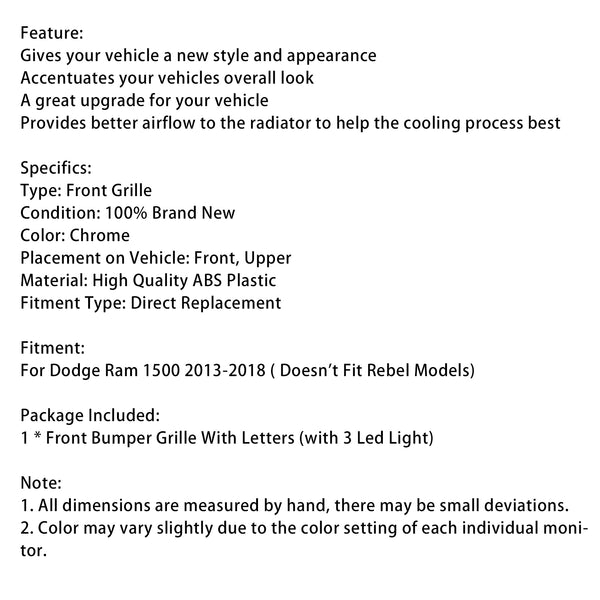 Big Horn Style Front Bumper Grill Grille Fit Dodge Ram 1500 2013-2018 Chrome