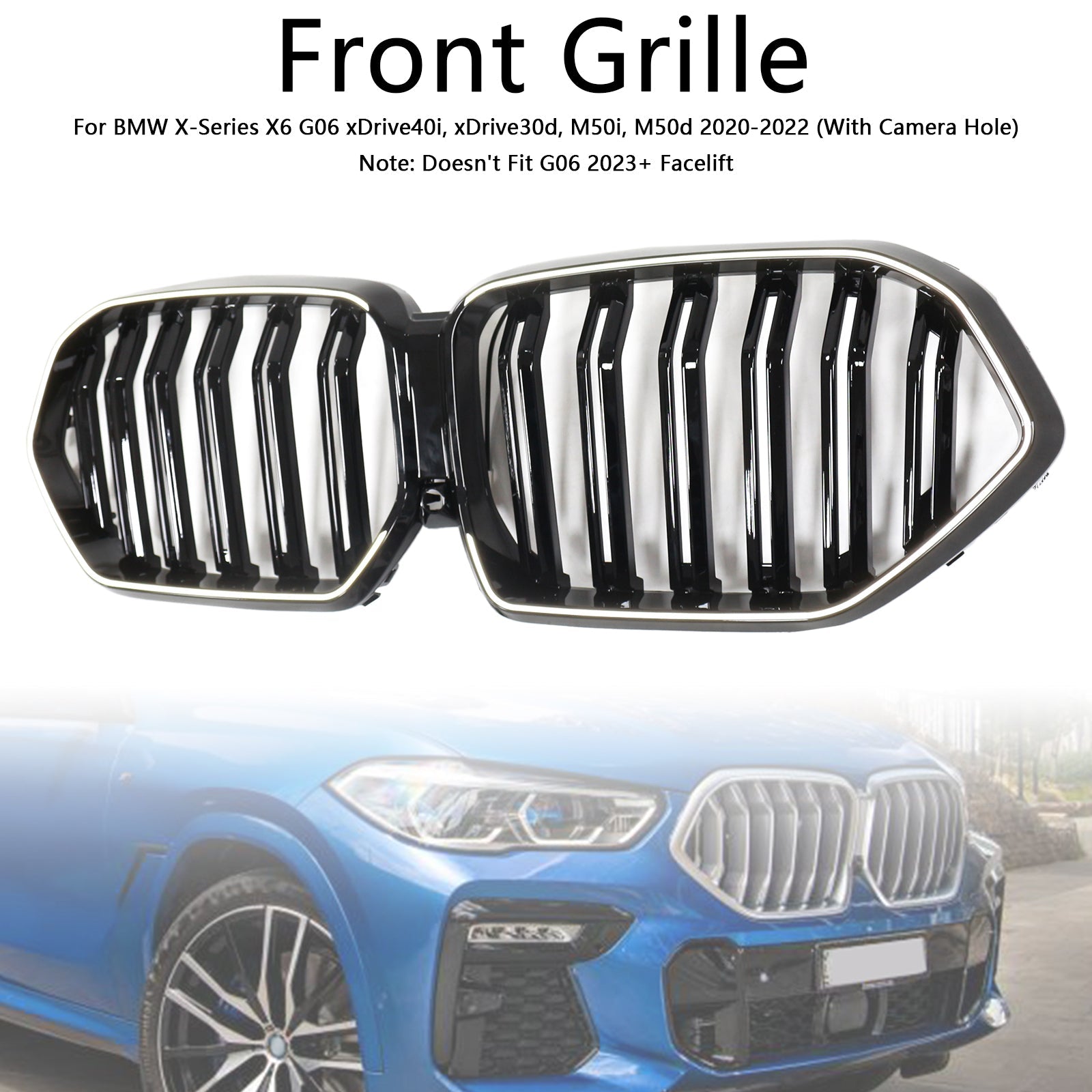 2020-2022 BMW X6 G06 M50i blank sort frontkofangergitter med kamerahul Generisk