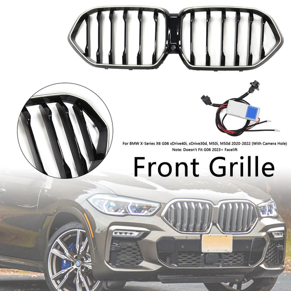 2020-2022 BMW x6 G06 M50I Svart front støtfanger grill grill m/kamera hull generisk