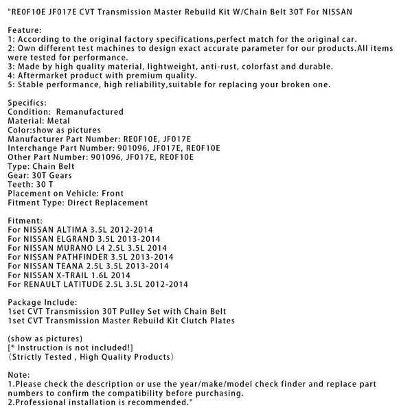 RE0F10E JF017E CVT Transmission Master Rebuild Kit W/Chain Belt 30T For NISSAN