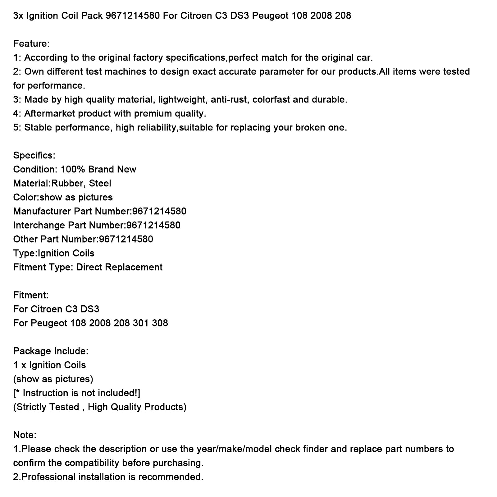3x Tændspolepakke 9671214580 Til Citroen C3 DS3 Peugeot 108 2008 208