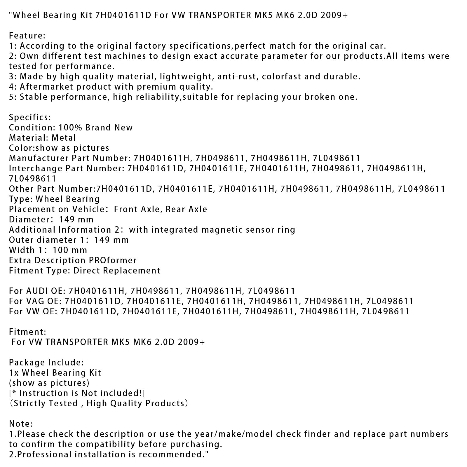 Hjullagersett 7H0401611D For VW TRANSPORTER MK5 MK6 2.0D 2009+