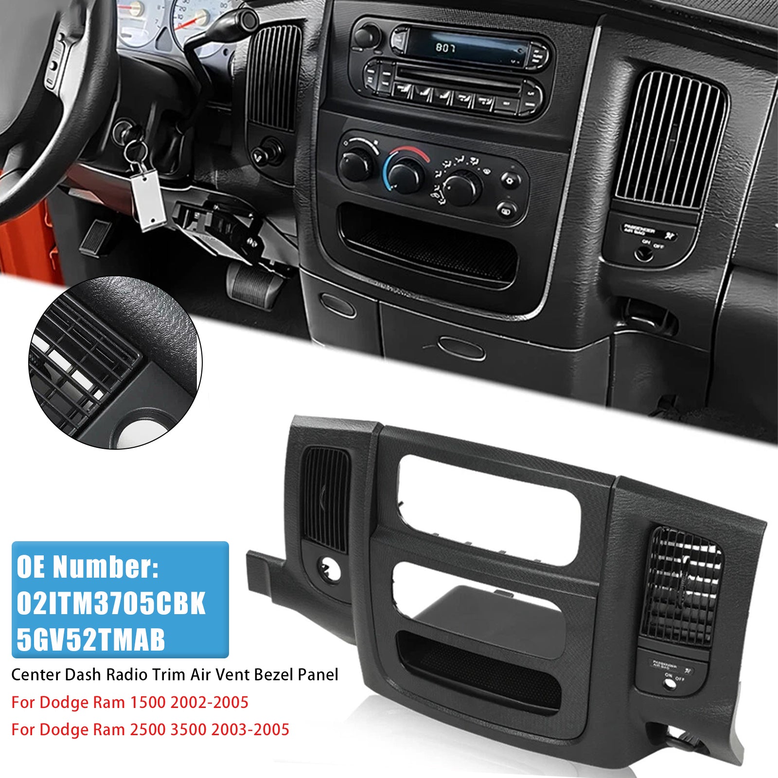 Center Dash Radio Trim Air Vent Bezel Panel Black Fit For Dodge Ram 2002-2005