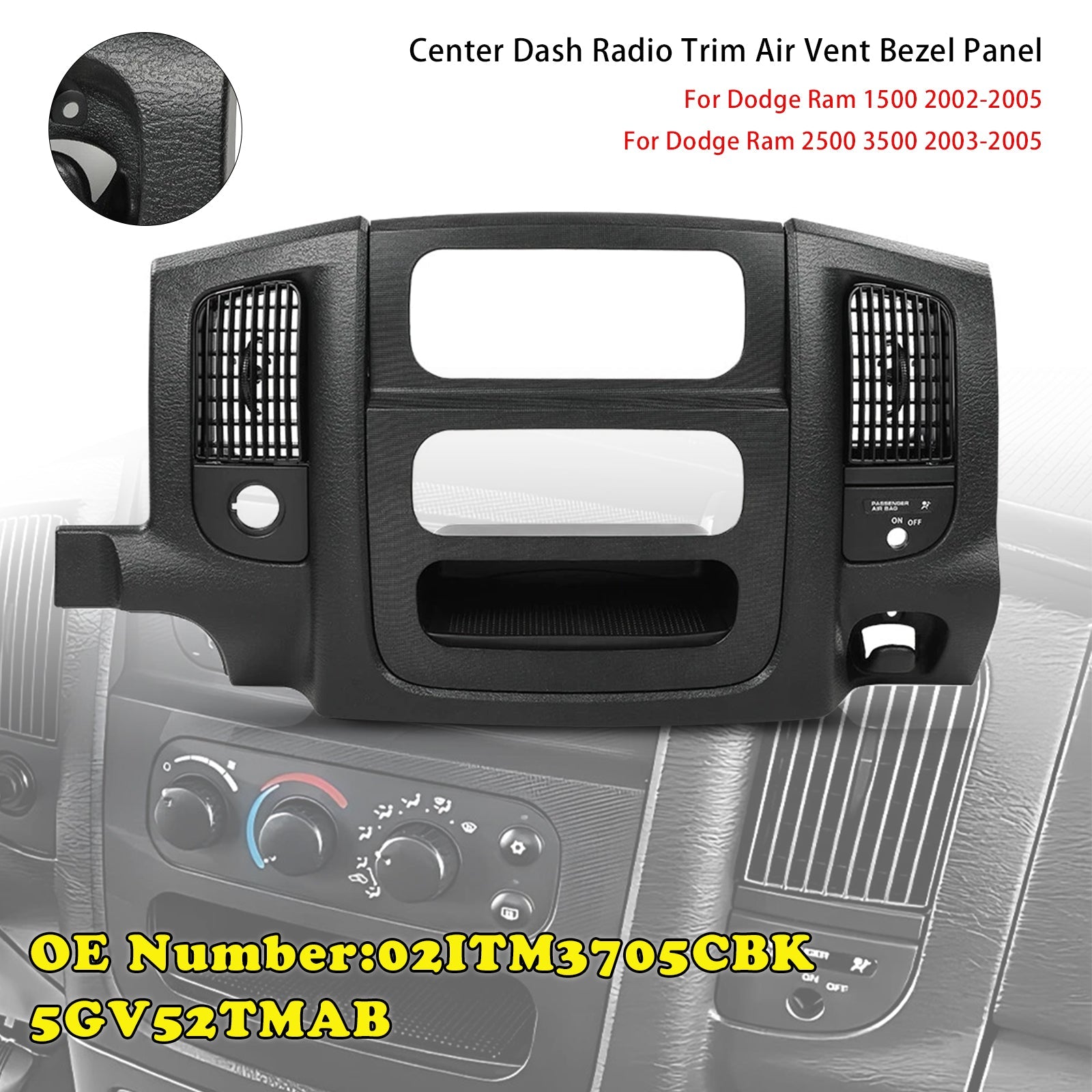 Center Dash Radio Trim Air Vent Bezel Panel Black Fit For Dodge Ram 2002-2005