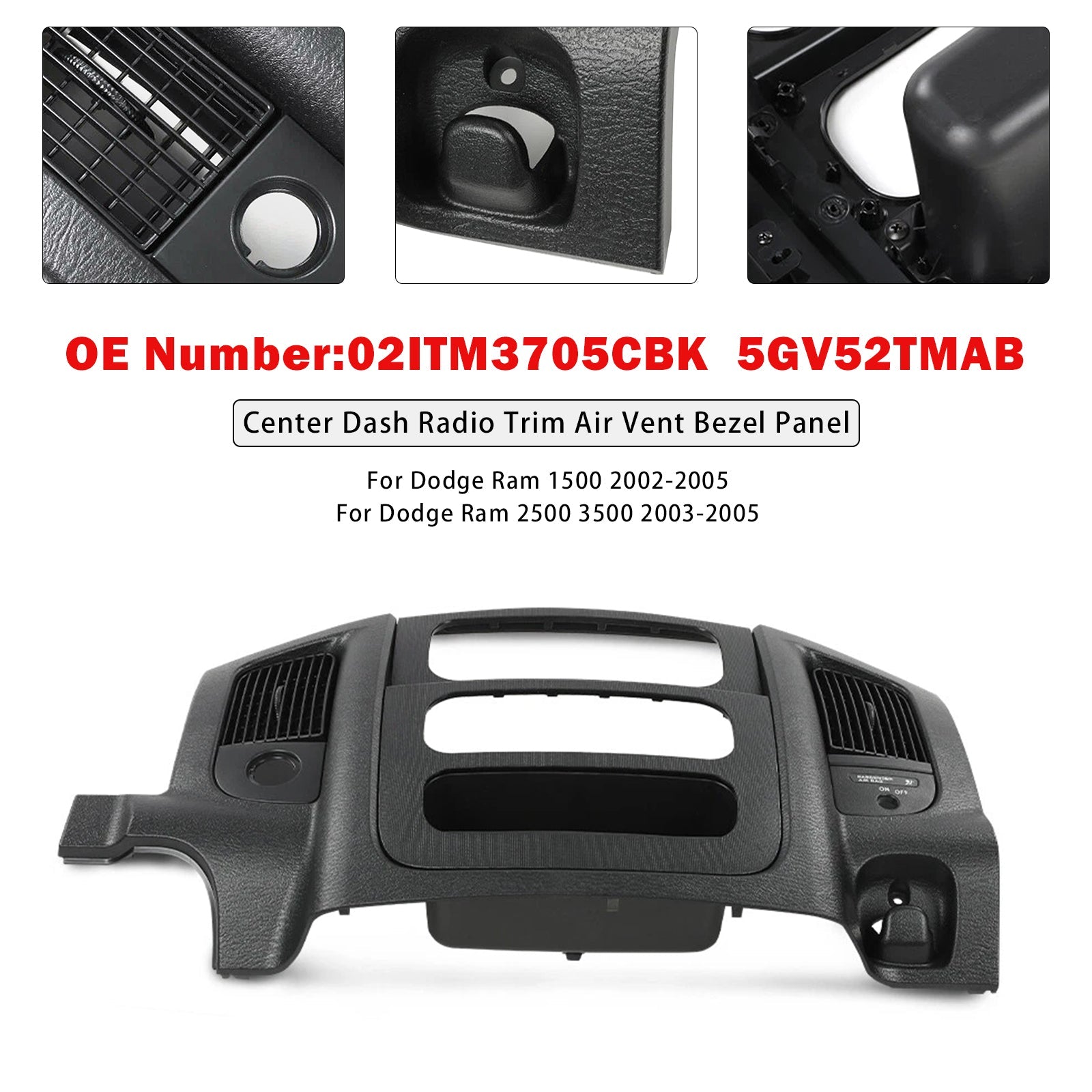 Center Dash Radio Trim Air Vent Bezel Panel Black Fit For Dodge Ram 2002-2005