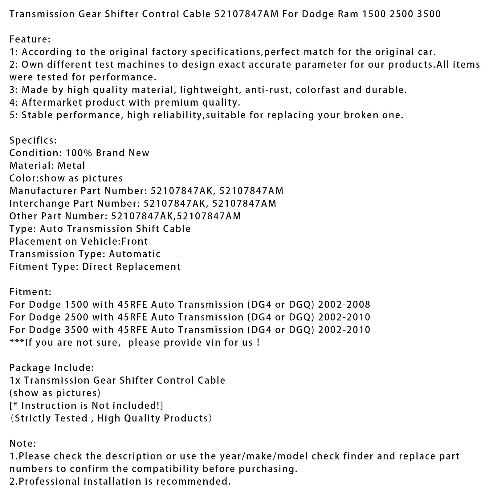Girskifterkontrollkabel 52107847AM For Dodge Ram 1500 2500 3500