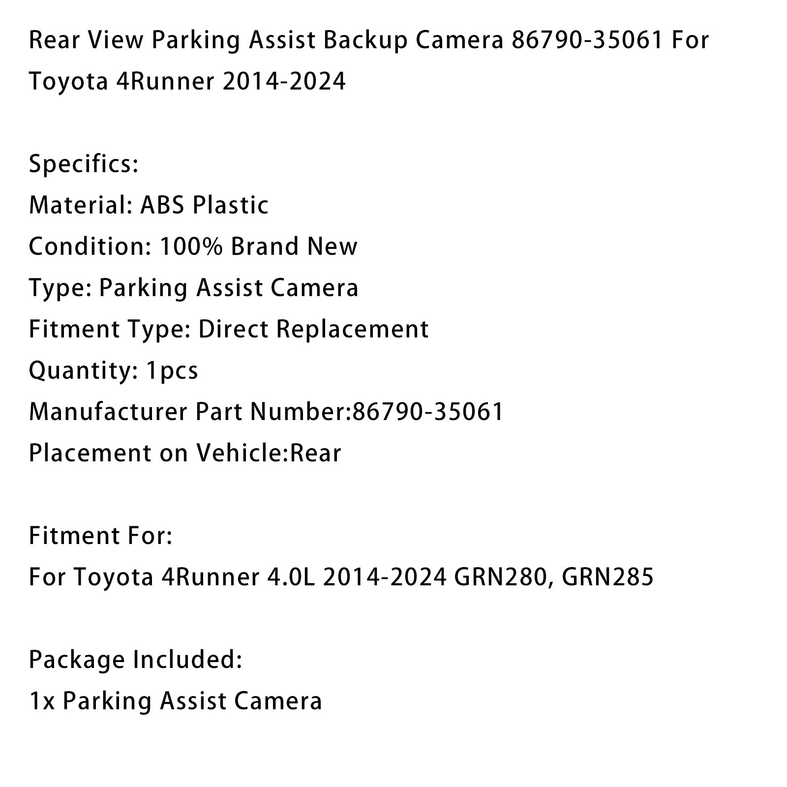 Câmera de backup de assistência de estacionamento com vista traseira 86790-35061 para Toyota 4Runner 2014-2024