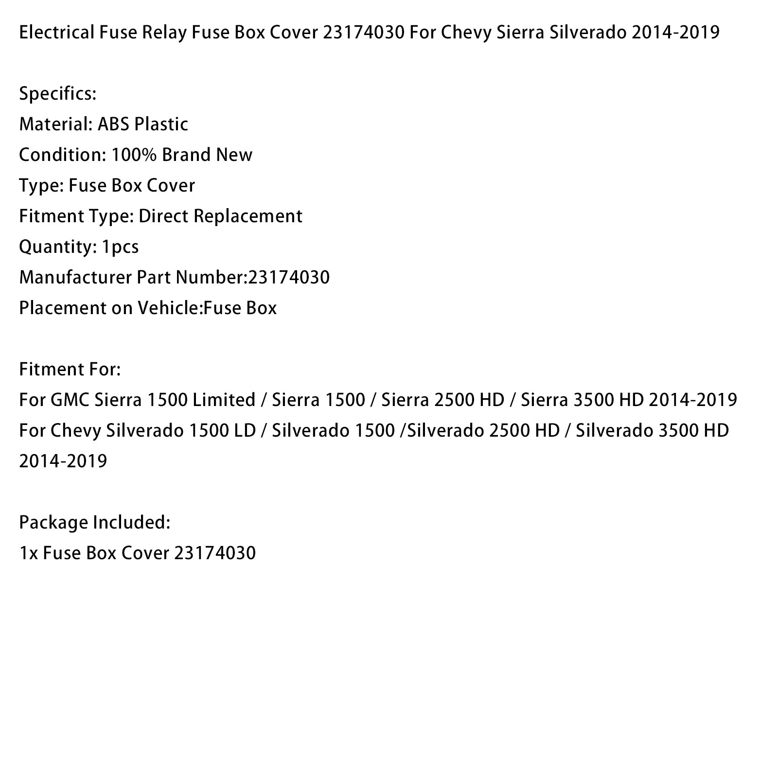 Couvercle de boîte à fusibles de relais de fusible électrique 23174030 pour Chevy Sierra Silverado 2014 – 2019