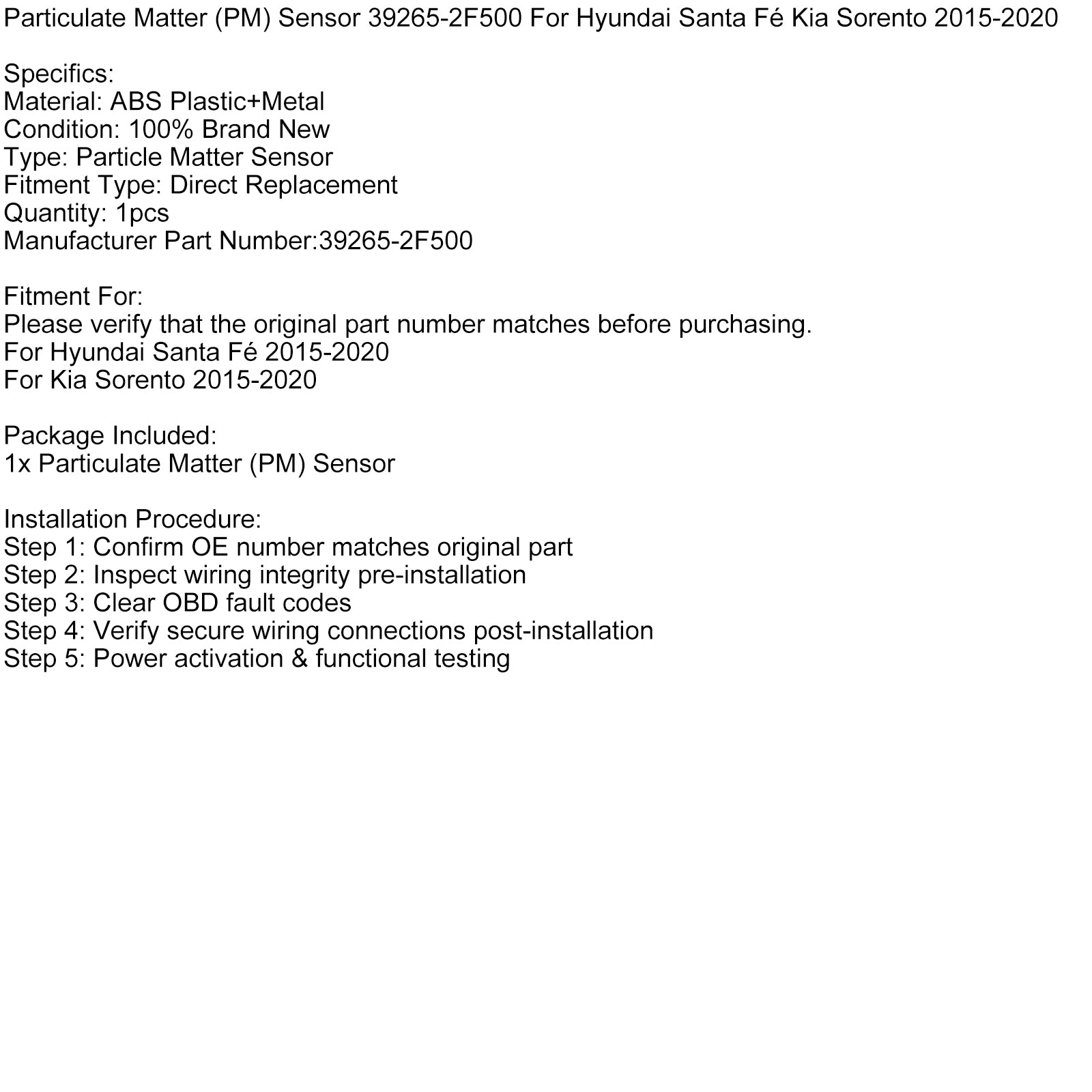 Partikelsensor 39265-2F500 til Hyundai Santa Fé Kia Sorento 15-20