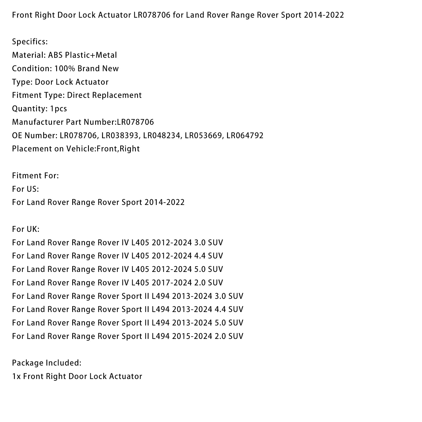 Pohon zámku předních pravých dveří LR078706 pro Land Rover Range Rover Sport 2014-2022