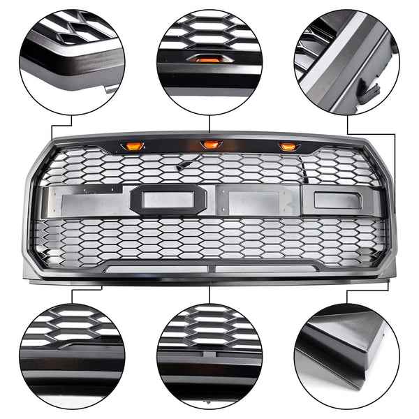ABS Front Bumper Grill Grille Fit Ford F150 2015-2017 Raptor Style W/ LED