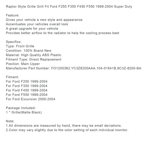Raptor Style Grill Grille Fit Ford F250 F350 F450 F550 1999-2004 Super Duty