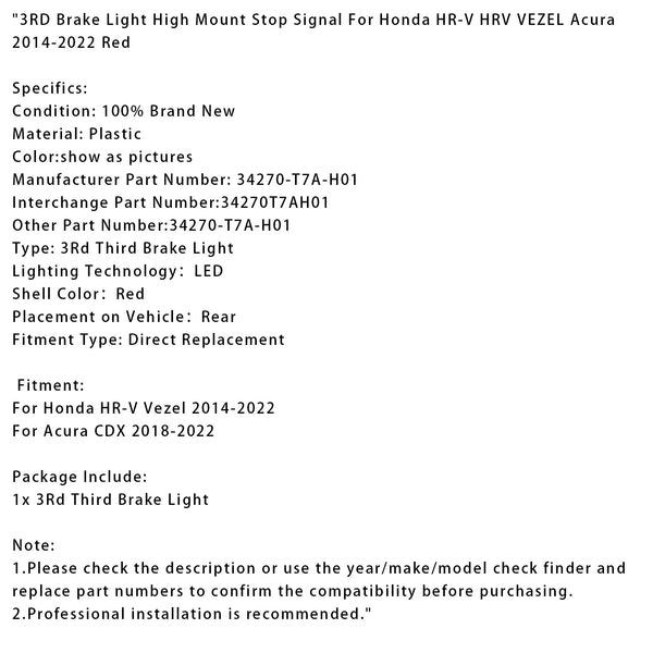 3RD Brake Light High Mount Stop Signal For Honda HR-V HRV VEZEL Acura 14-22 Red