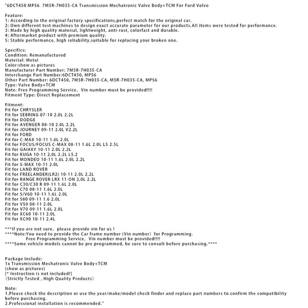 6DCT450 MPS6  7M5R-7H035-CA Transmission Mechatronic Valve Body+TCM For Ford