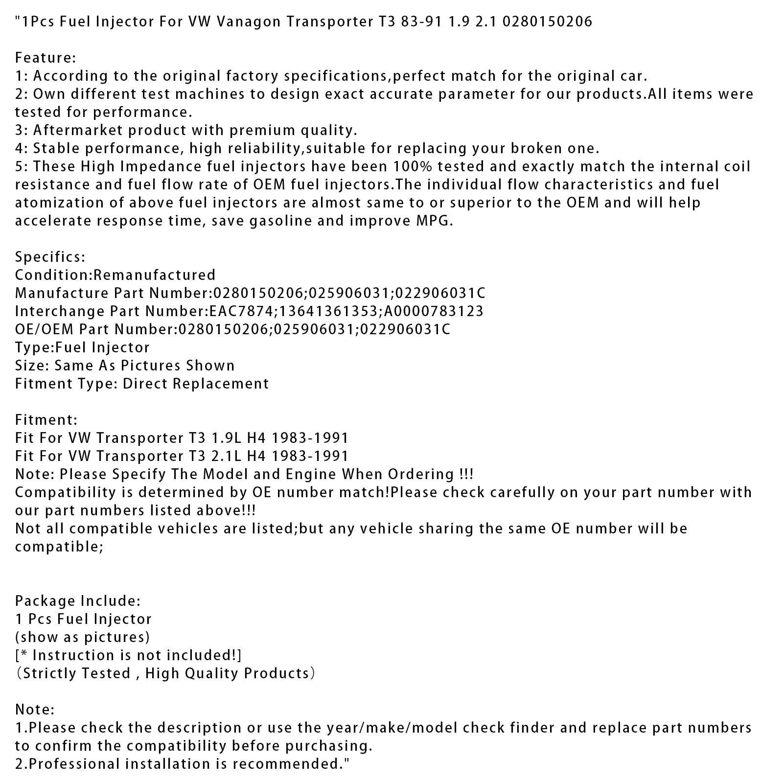 1 Stk Brændstofinjektor Til VW Vanagon Transporter T3 83-91 1.9 2.1 0280150206