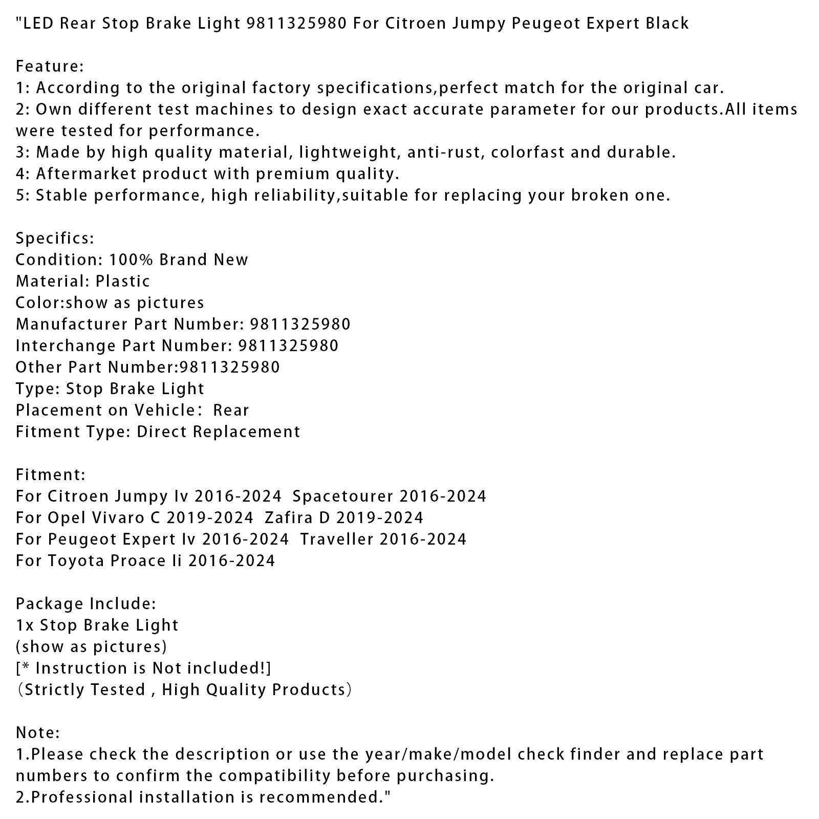 LED bremselys bak 9811325980 For Citroen Jumpy Peugeot Expert svart
