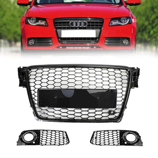 2009-2012 Audi A4/A4 Avant/S4 B8 Honeycomb Sport Mesh Hex Grill + Venstre Høyre Tåke Grill