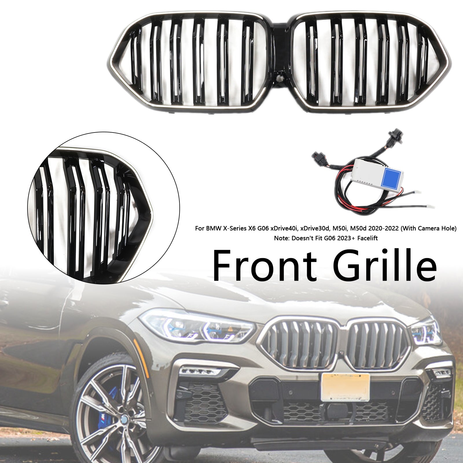 2020-2022 BMW X6 G06 M50i blank sort frontkofangergitter med kamerahul Generisk