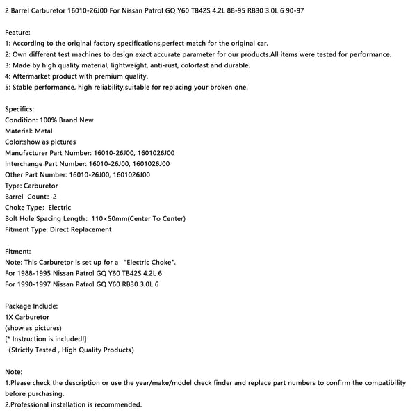 2 Barrel Carburetor 16010-26J00 For Nissan Patrol GQ Y60 TB42S 4.2L 88-95 RB30 3.0L