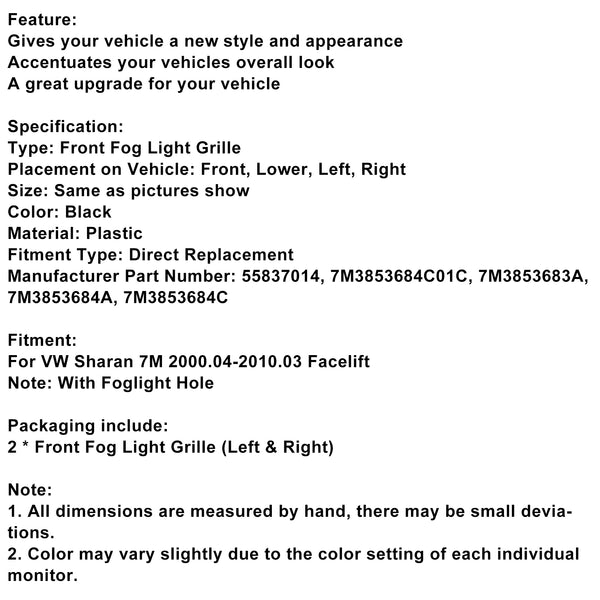 US: Front Bumper Fog Light Grill Fit VW Sharan 7M 2000-2010 W/ Foglight Hole
DE: Links Rechts Gitter Nebelscheinwerfer Lüftungsgitter für VW Sharan 2000-2010