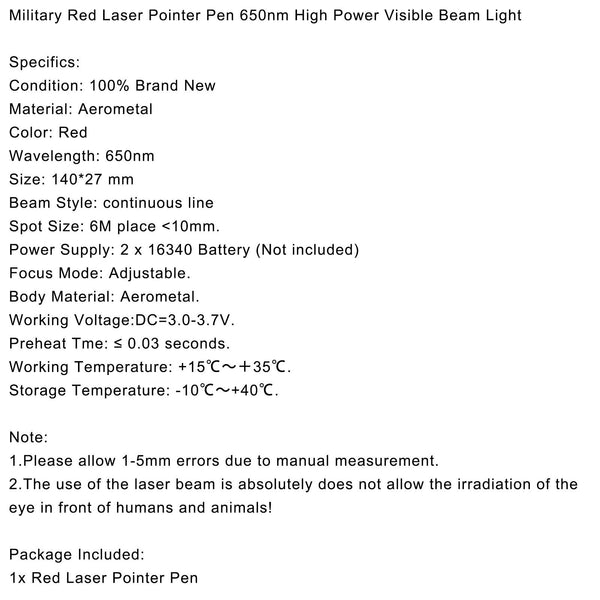 Military Red Laser Pointer Pen 650nm High Power Visible Beam Light