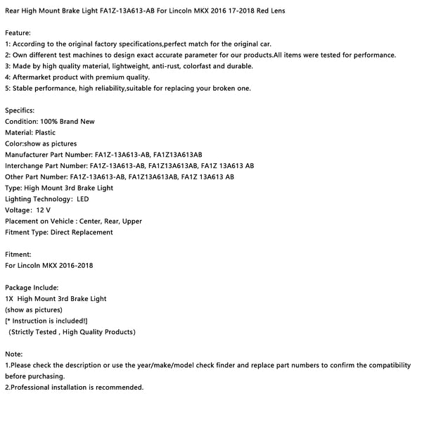 Hinten hochmontiertes Bremslicht FA1Z-13A613-AB für Lincoln MKX 2016 17–2018, rote Linse