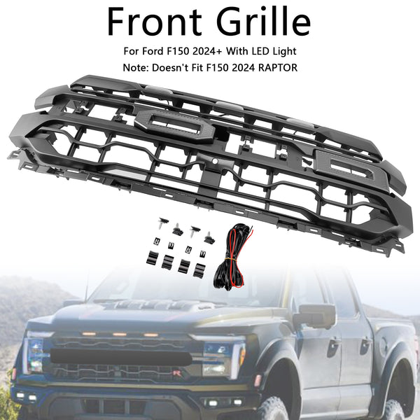 Black Front Bumper Grille Grill Fit Ford F150 2024+ With LED