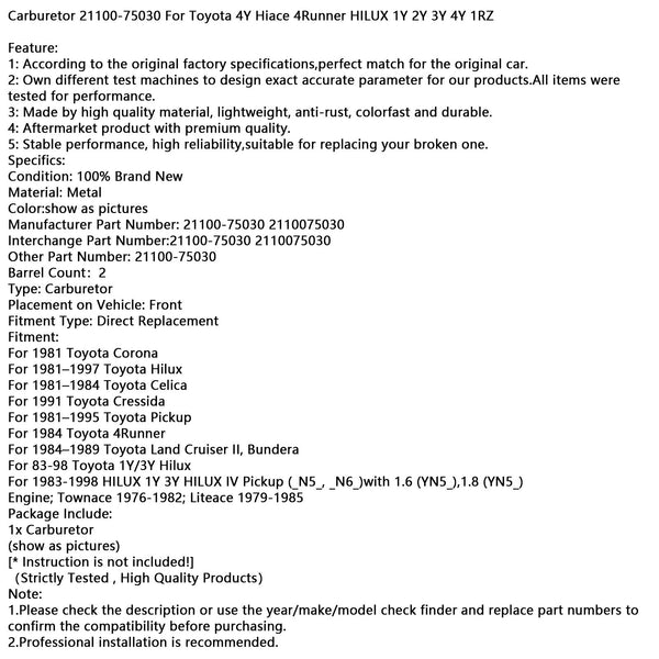 Vergaser 21100-75030 für Toyota 4Y Hiace 4Runner HILUX 1Y 2Y 3Y 4Y 1RZ