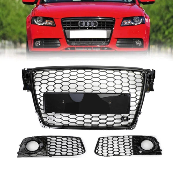 2009-2012 Audi A4/A4 Avant/S4 B8 Honeycomb Sport Mesh Hex Grill + Venstre Høyre Tåke Grill