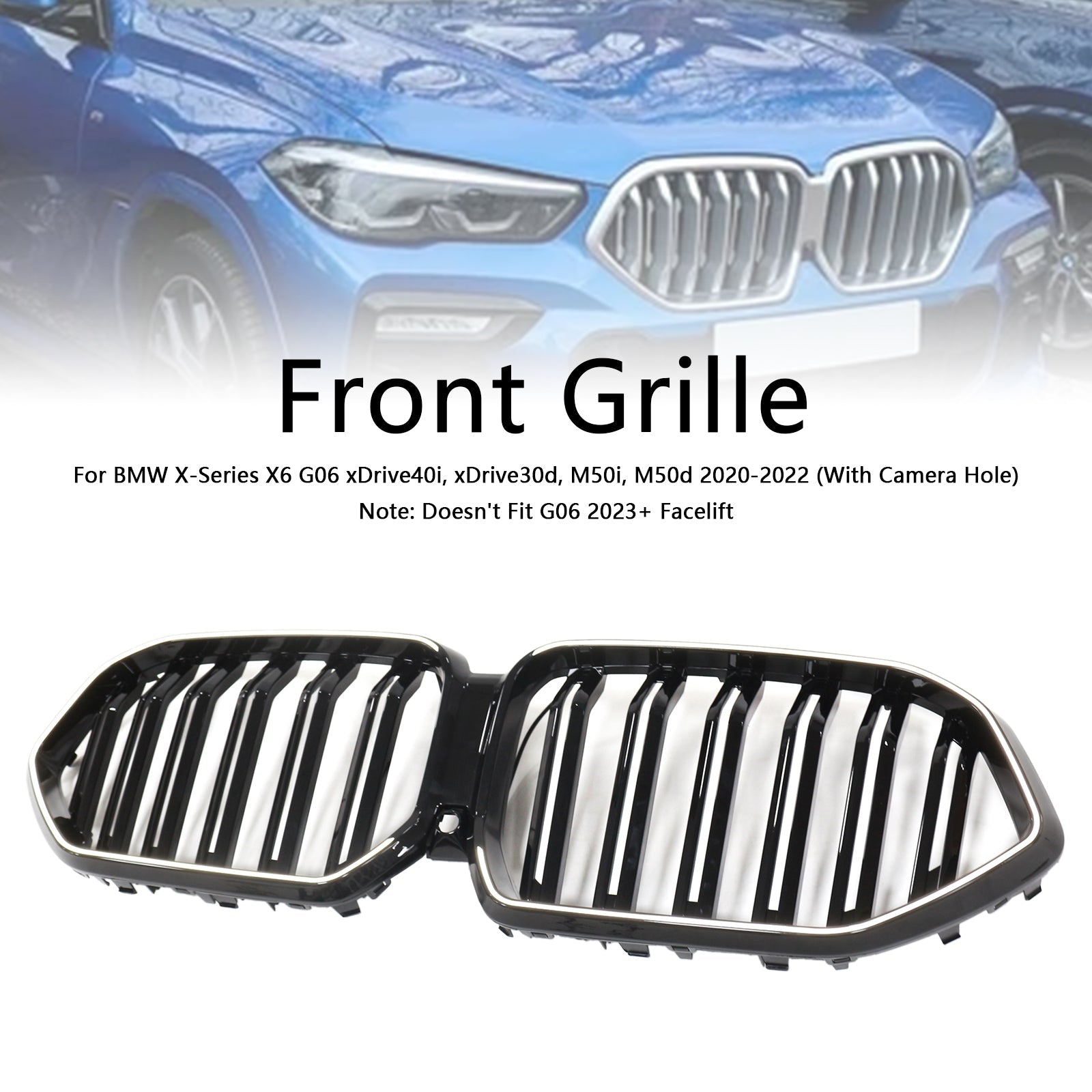 2020-2022 BMW X6 G06 M50i blank sort frontkofangergitter med kamerahul Generisk