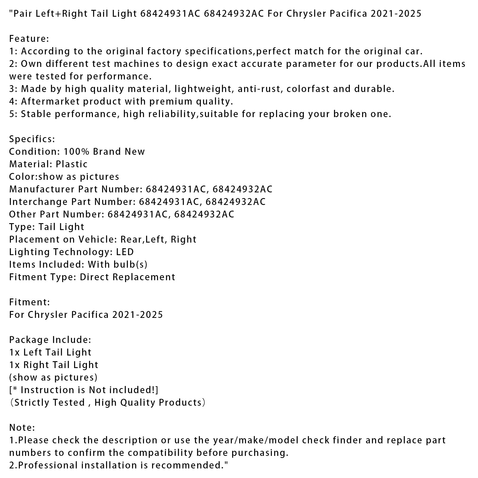 Par venstre+højre baglygte 68424931AC 68424932AC til Chrysler Pacifica 2021-2025