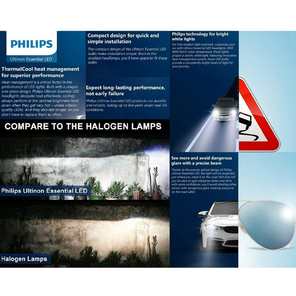 2PCS Philips H1 Led Ultinon Essential Car White Headlight Bulbs 6500K 19W Generic