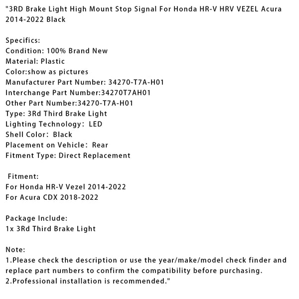 3RD Brake Light High Mount Stop Signal For Honda HR-V HRV VEZEL Acura 2014-2022