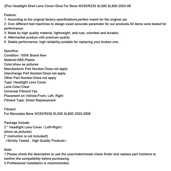 2Pcs Headlight Shell Lens Cover+Glue For Benz W230/R230 SL500 SL600 2003-08