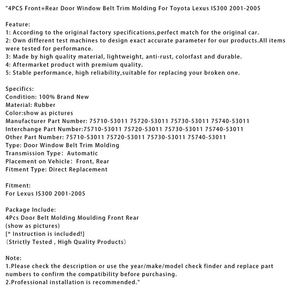 4PCS vorne + hinten Tür Fenster Gürtel Zierleiste für Toyota Lexus IS300 2001-2005