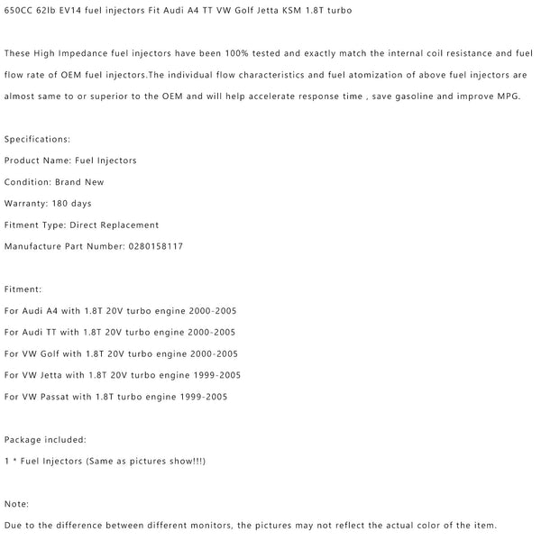 1999-2005 VW Jetta 1.8T 20V Turbo Engine 1PCS 650CC 62lb EV14 Fuel Injectors 0280158117 Generic