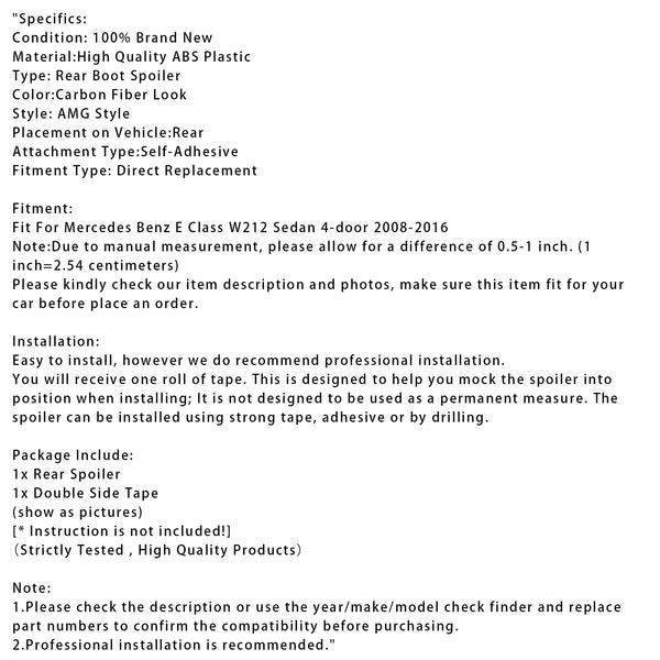 Bagasjeromspoiler i karbonfiberutseende til Mercedes-Benz E-klasse W212 2008–2016