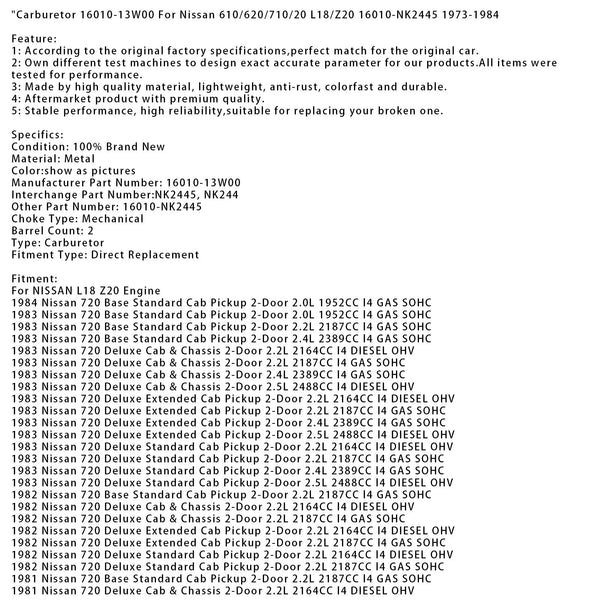 Vergaser 16010-13W00 Für Nissan 610/620/710/20 L18/Z20 16010-NK2445 1973-1984