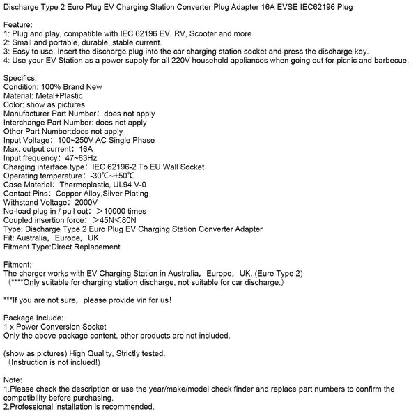 Discharge V2L Type 2 to Euro Plug EV Charger Adapter 16A EVSE IEC62196 Plug Generic