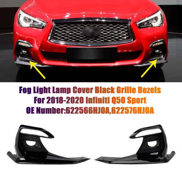 Bumper Fog Light Lamp Cover Black Grille Bezels For 2018-2020 Infiniti Q50 Sport