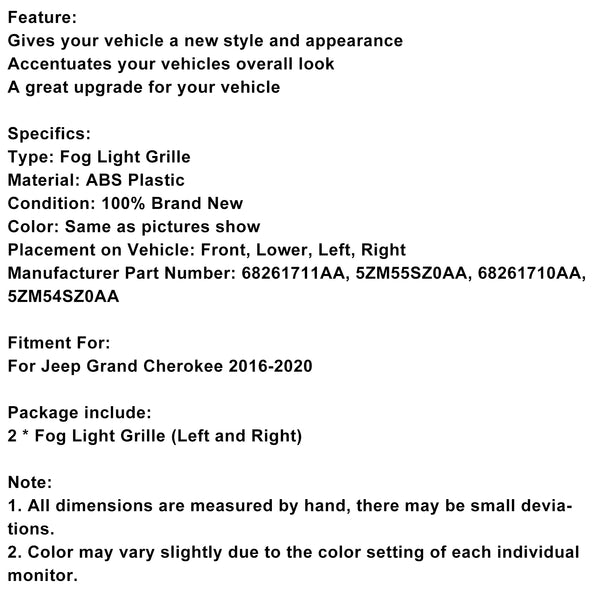 2PCS Front Fog Light Lamp Bezel 68261711AA Fit Jeep Grand Cherokee 2016-2020