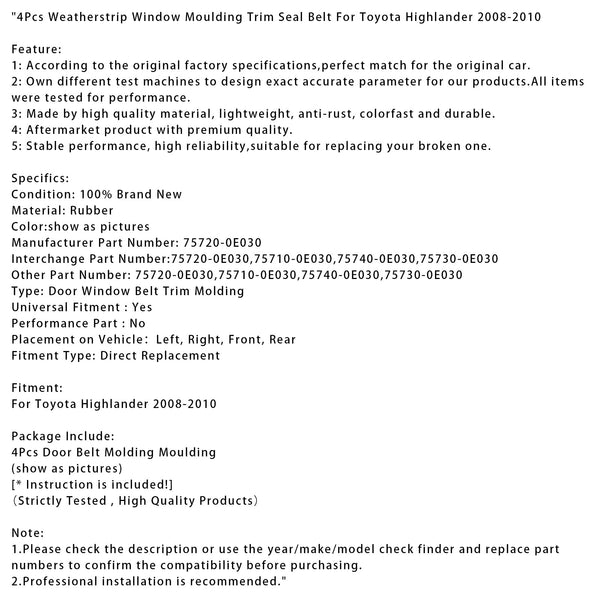 4Pcs Weatherstrip Window Moulding Trim Seal Belt For Toyota Highlander 2008-2010Auto & Motorrad: Teile, Auto-Ersatz- & -Reparaturteile, Karosserieteile!