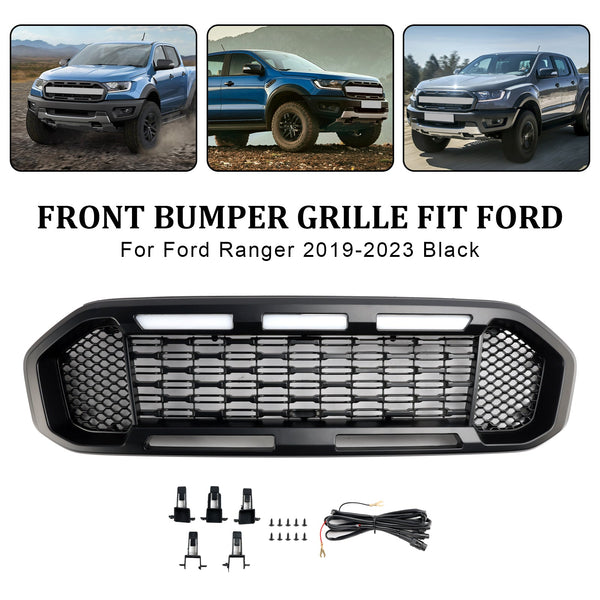 2019-2023 Ford Ranger Black Front Bumper Grill Grille T8 W/LED Light Generic