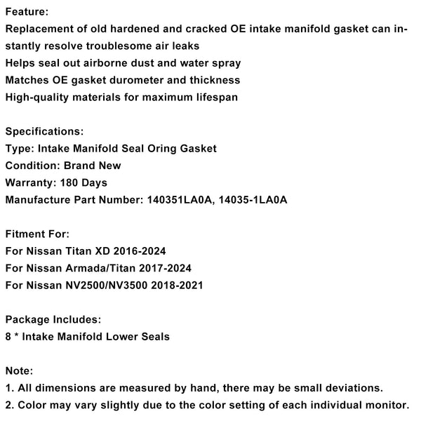 8PCS Ansaugkrümmerdichtung passend für Nissan Titan XD 2016–2024, passend für Armada 2017–2024