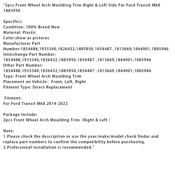 2pcs Front Wheel Arch Moulding Trim Right & Left For Ford Transit Mk8 1885950