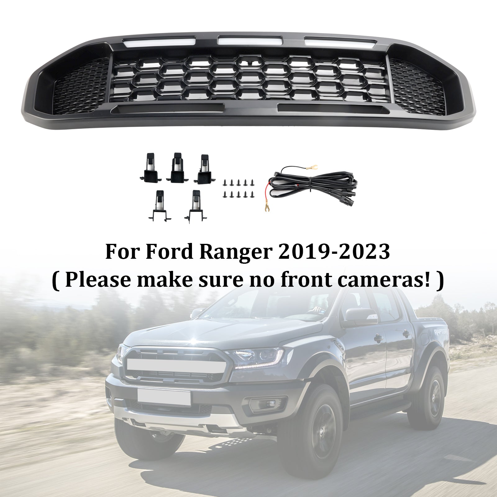 2019-2023 Ford Ranger Black Front Bumper Grille T8 W/LED Light